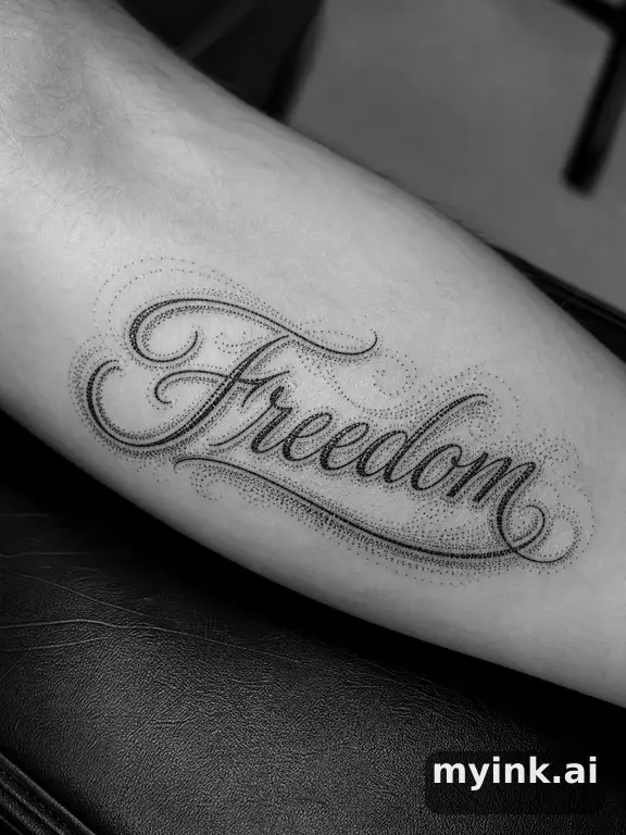 Word 'Freedom' in cursive lettering — Dotwork Tattoo Design reference image