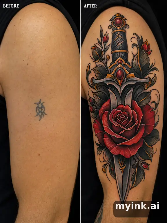 Before-and-after cover-up direction that absorbs an old small symbol — Neotraditional Tattoo Design reference image