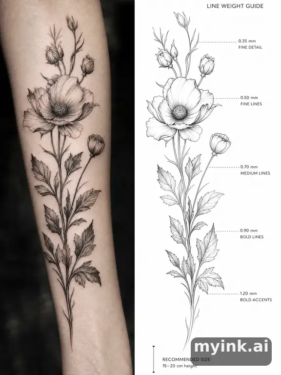 Clean stencil-ready botanical tattoo with line weight annotations — Realistic Tattoo Design reference image