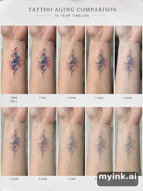 Tattoo aging comparison for a minimalist wrist design over ten years — Watercolor Tattoo Design reference image