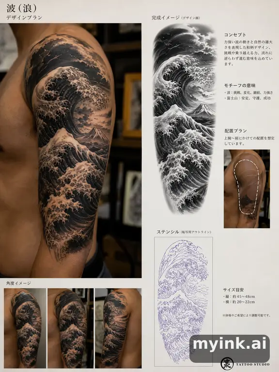 Consultation-ready Japanese wave tattoo plan with stencil and placement notes — Realistic Tattoo Design reference image
