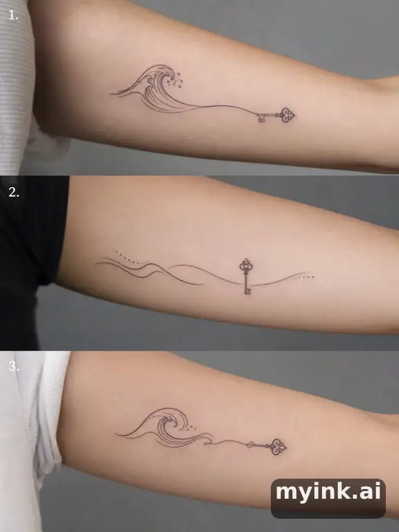 Three symbolic memorial tattoo routes based on ocean waves and a small key — Minimalist Tattoo Design reference image