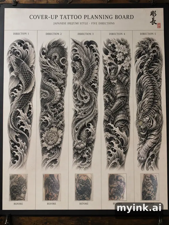 Cover-up tattoo planning board showing five blackwork directions — Japanese Tattoo Design reference image
