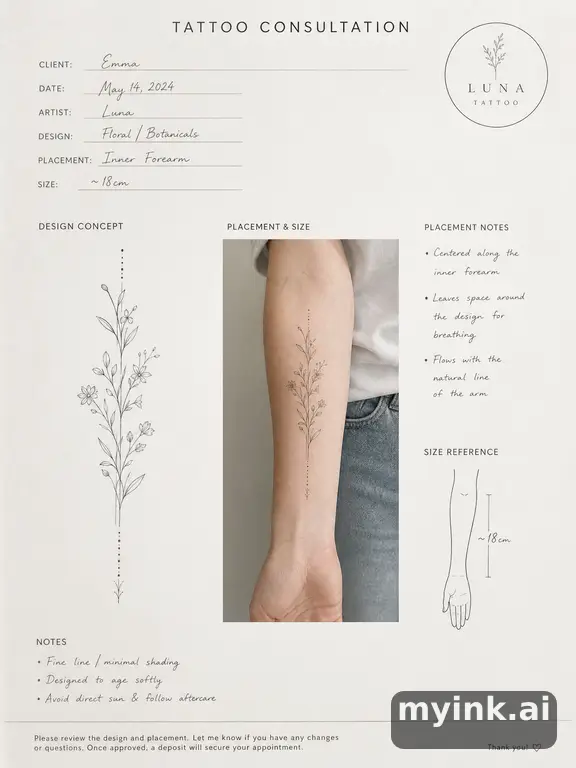 First tattoo consultation sheet with a fine-line forearm design and placement notes — Minimalist Tattoo Design reference image