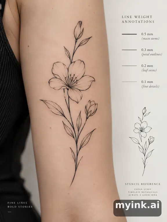 Clean stencil-ready botanical tattoo with line weight annotations — Minimalist Tattoo Design reference image