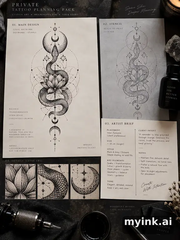 Private tattoo planning pack layout with main design — Dotwork Tattoo Design reference image
