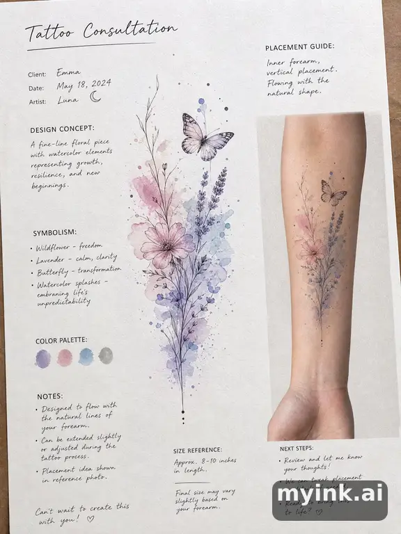 First tattoo consultation sheet with a fine-line forearm design and placement notes — Watercolor Tattoo Design reference image