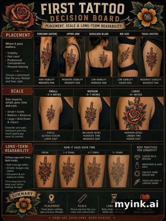 First tattoo decision board comparing placement — Neotraditional Tattoo Design reference image