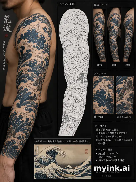Consultation-ready Japanese wave tattoo plan with stencil and placement notes — Japanese Tattoo Design reference image
