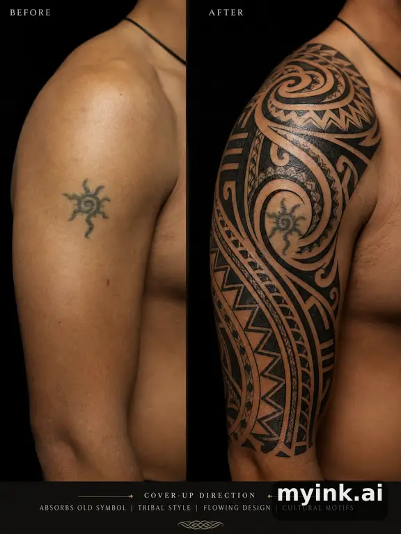 Before-and-after cover-up direction that absorbs an old small symbol — Tribal Tattoo Design reference image