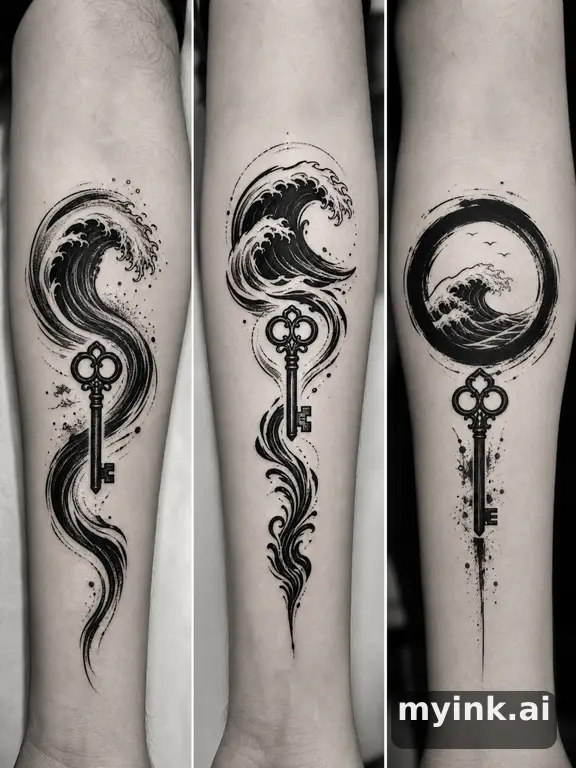 Three symbolic memorial tattoo routes based on ocean waves and a small key — Blackwork Tattoo Design reference image