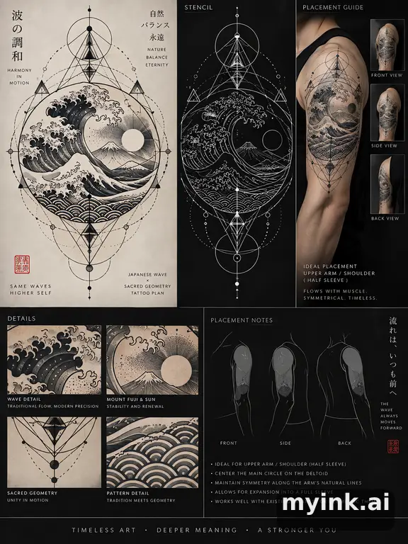 Consultation-ready Japanese wave tattoo plan with stencil and placement notes — Geometric Tattoo Design reference image