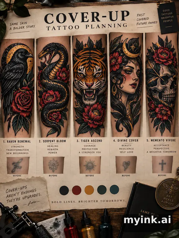 Cover-up tattoo planning board showing five blackwork directions — Neotraditional Tattoo Design reference image