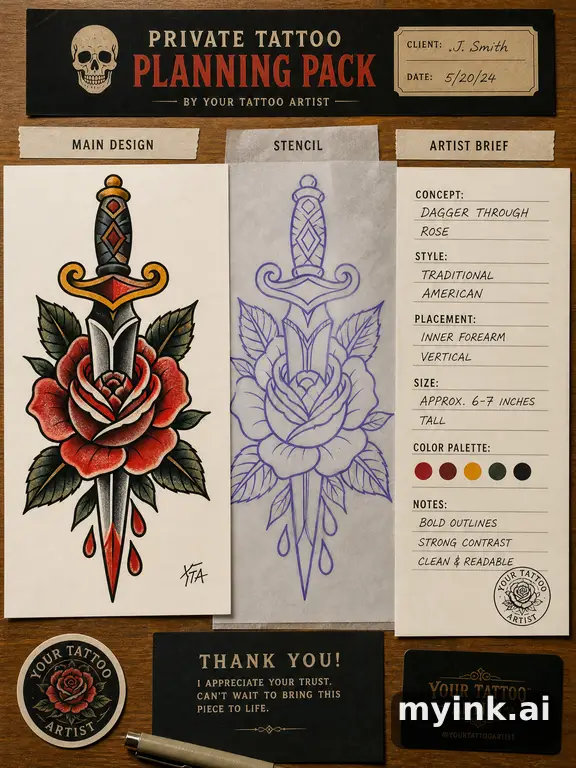 Private tattoo planning pack layout with main design — Traditional Tattoo Design reference image