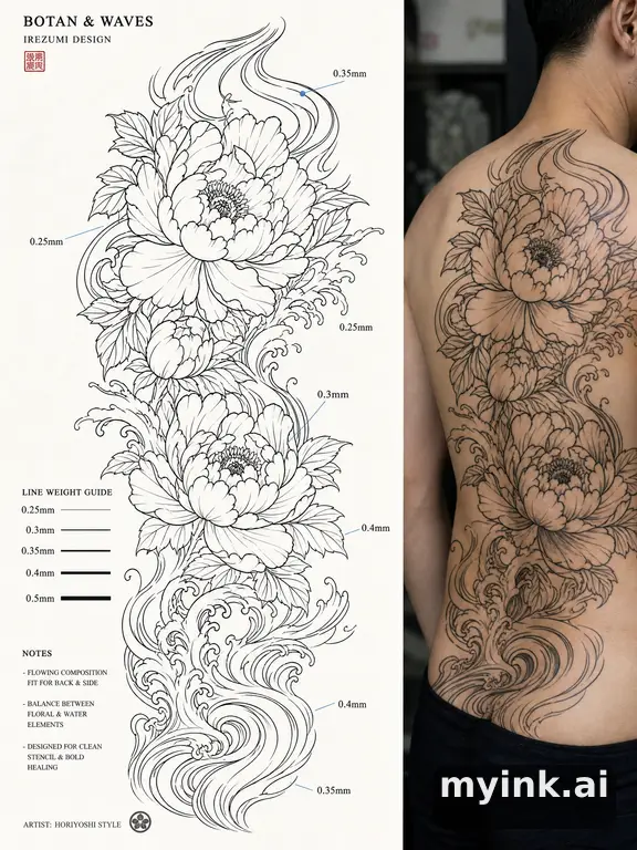 Clean stencil-ready botanical tattoo with line weight annotations — Japanese Tattoo Design reference image