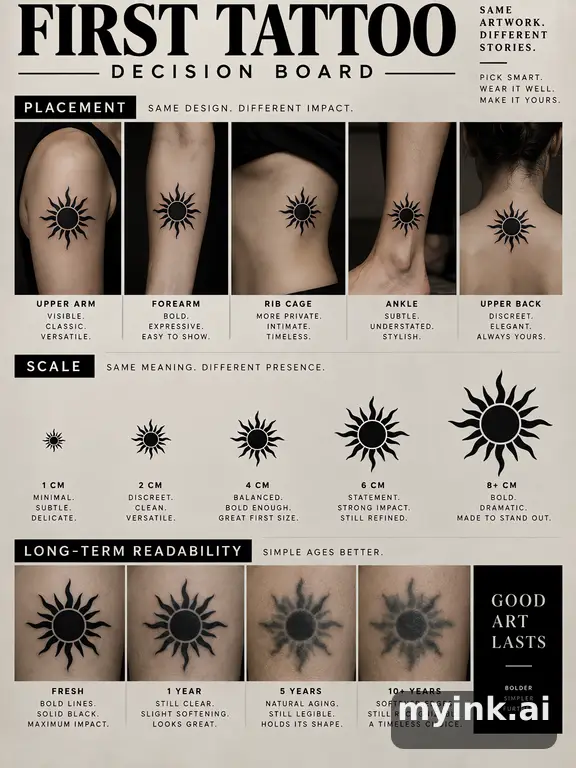 First tattoo decision board comparing placement — Blackwork Tattoo Design reference image