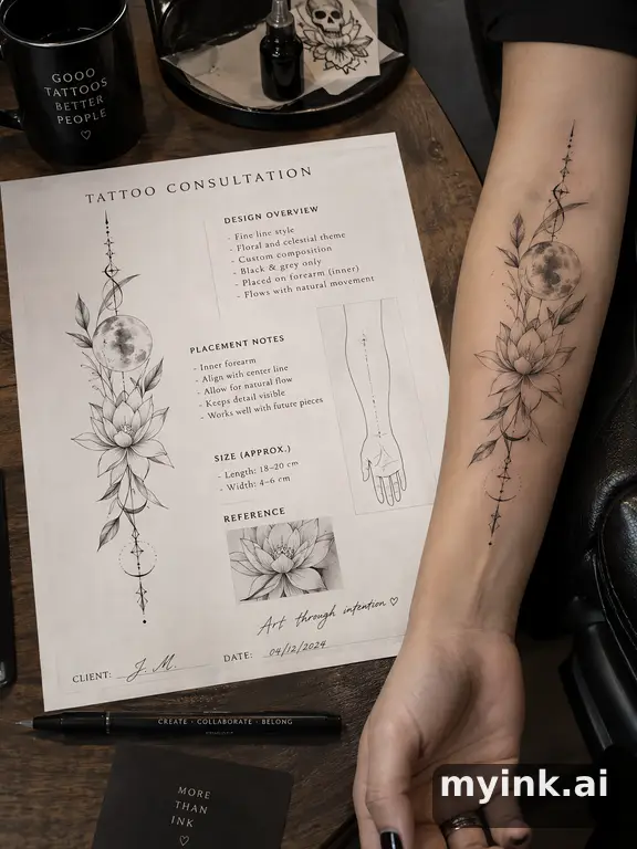 First tattoo consultation sheet with a fine-line forearm design and placement notes — Realistic Tattoo Design reference image