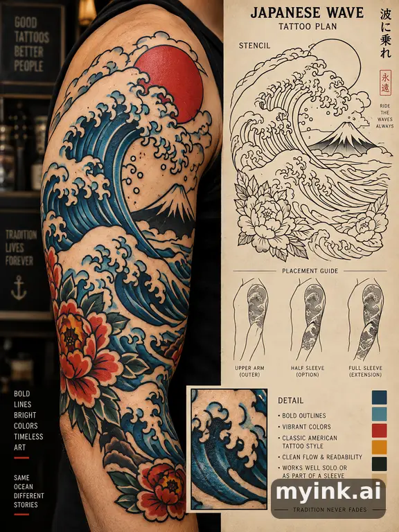 Consultation-ready Japanese wave tattoo plan with stencil and placement notes — Traditional Tattoo Design reference image