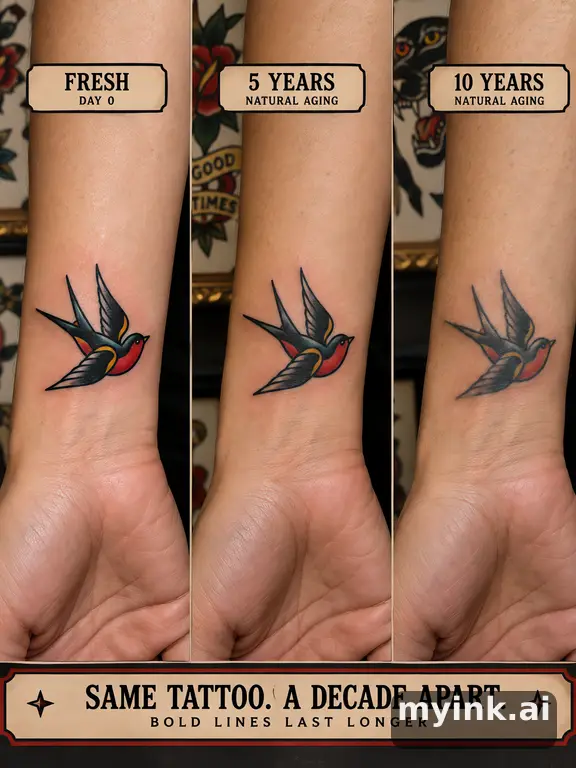 Tattoo aging comparison for a minimalist wrist design over ten years — Traditional Tattoo Design reference image