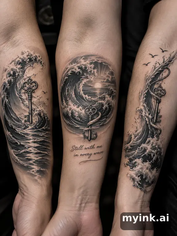 Three symbolic memorial tattoo routes based on ocean waves and a small key — Realistic Tattoo Design reference image