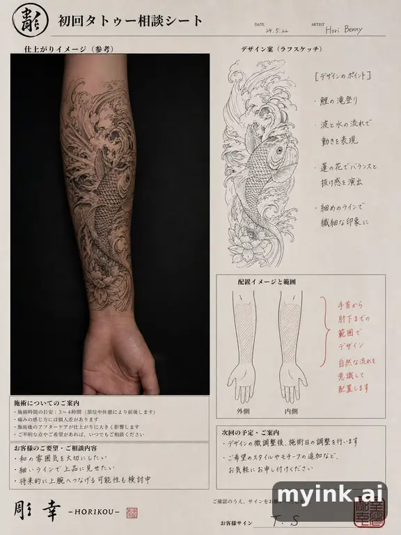 First tattoo consultation sheet with a fine-line forearm design and placement notes — Japanese Tattoo Design reference image