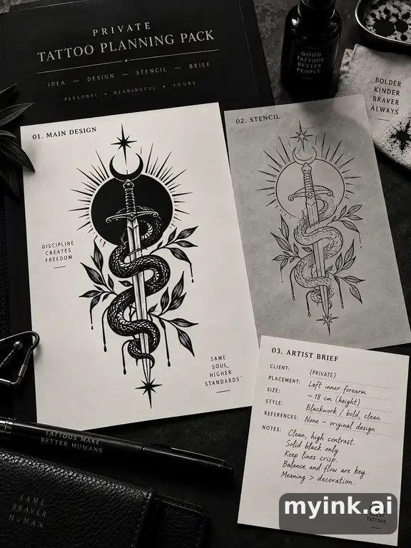 Private tattoo planning pack layout with main design — Blackwork Tattoo Design reference image