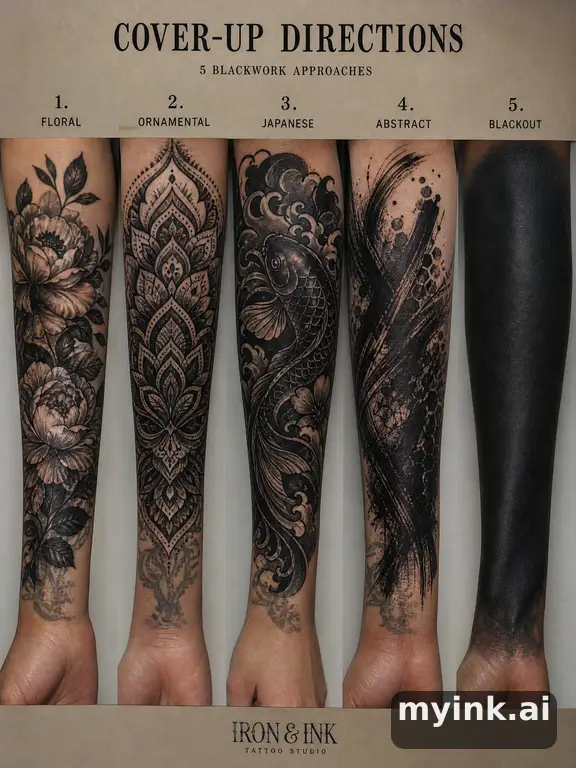 Cover-up tattoo planning board showing five blackwork directions — Realistic Tattoo Design reference image