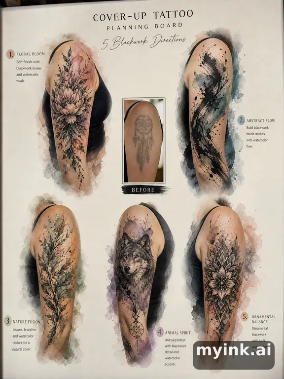 Cover-up tattoo planning board showing five blackwork directions — Watercolor Tattoo Design reference image