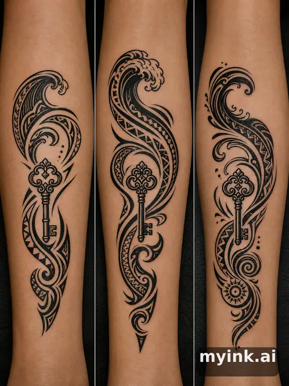 Three symbolic memorial tattoo routes based on ocean waves and a small key β Tribal Tattoo Design reference image