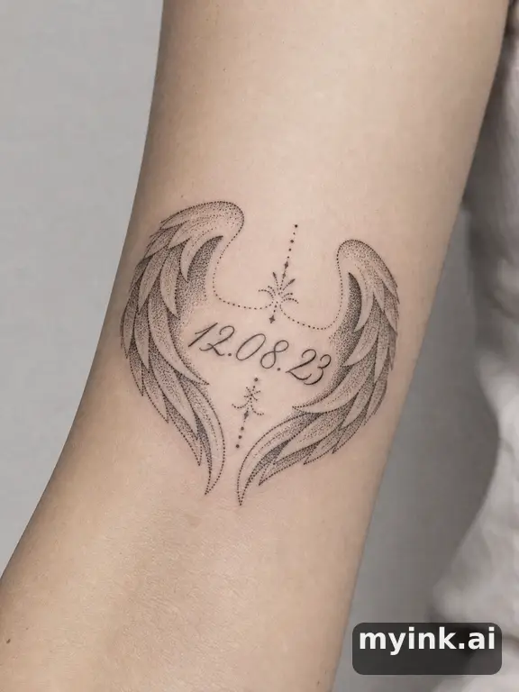 Angel wings cradling a date in elegant script β Dotwork Tattoo Design reference image