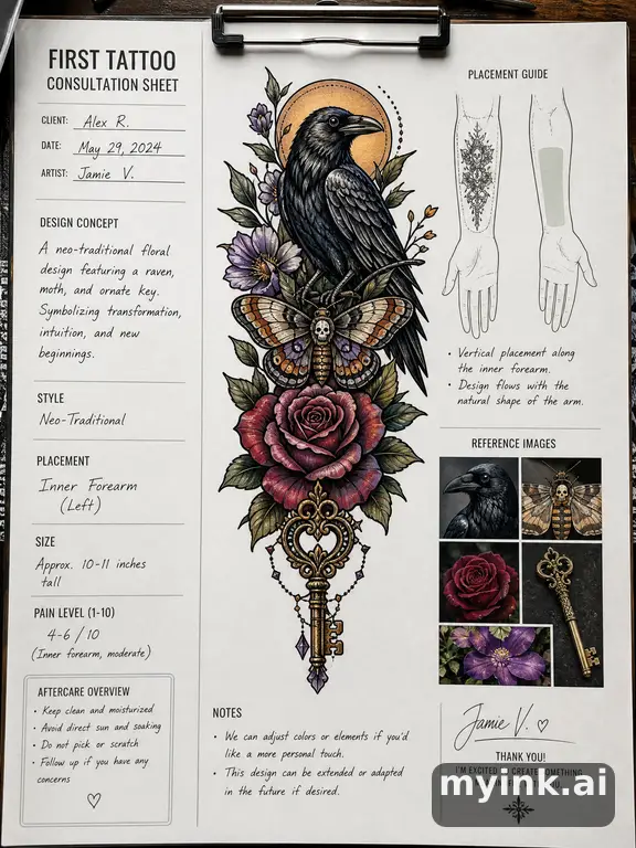 First tattoo consultation sheet with a fine-line forearm design and placement notes — Neotraditional Tattoo Design reference image