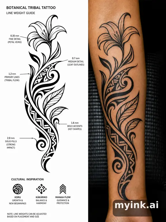 Clean stencil-ready botanical tattoo with line weight annotations β Tribal Tattoo Design reference image