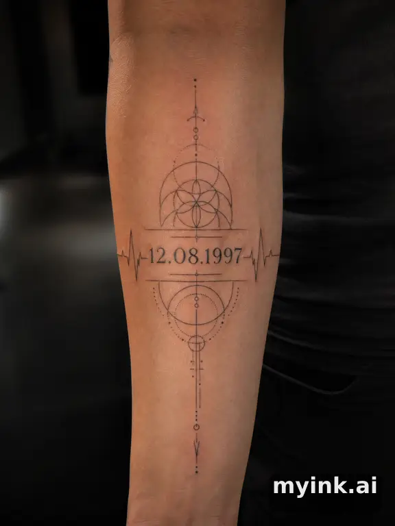 Heartbeat line that forms into a significant date — Geometric Tattoo Design reference image