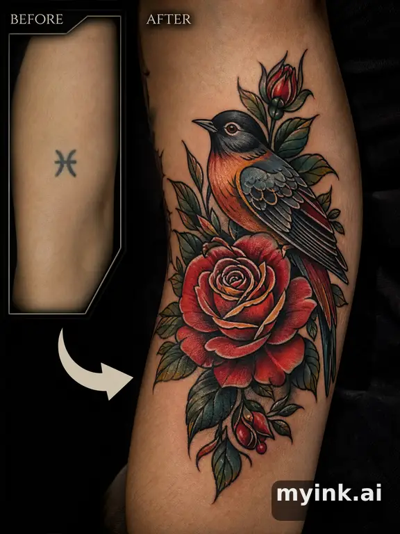 Before-and-after cover-up direction that absorbs an old small symbol — Neotraditional Tattoo Design reference image