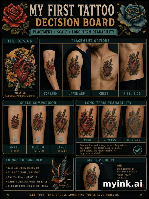 First tattoo decision board comparing placement — Neotraditional Tattoo Design reference image