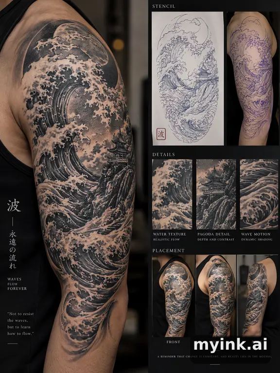 Consultation-ready Japanese wave tattoo plan with stencil and placement notes — Realistic Tattoo Design reference image