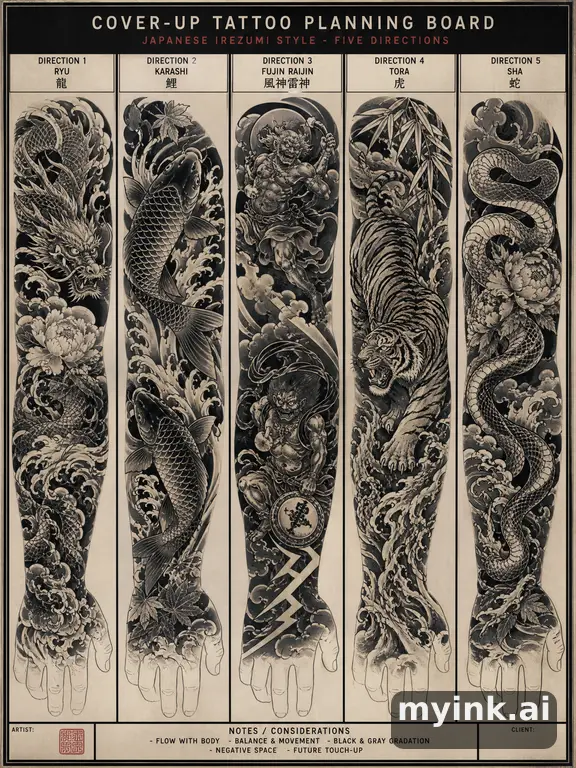 Cover-up tattoo planning board showing five blackwork directions — Japanese Tattoo Design reference image