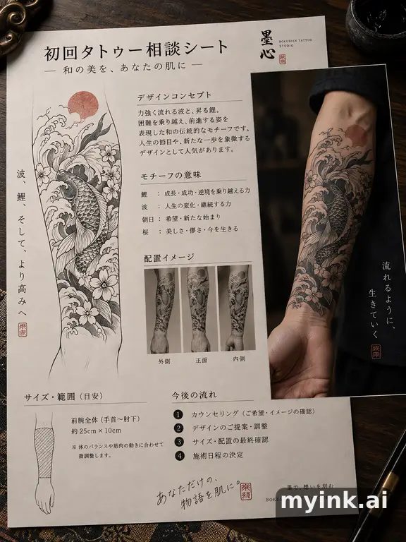 First tattoo consultation sheet with a fine-line forearm design and placement notes — Japanese Tattoo Design reference image