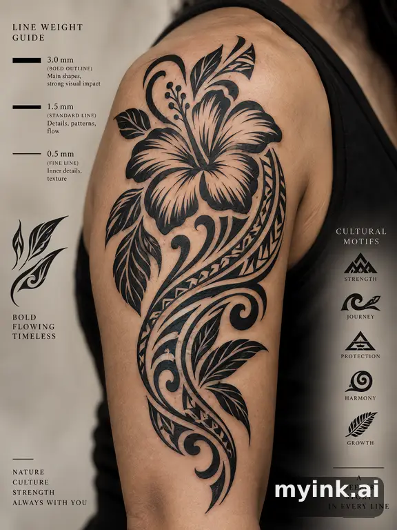 Clean stencil-ready botanical tattoo with line weight annotations — Tribal Tattoo Design reference image