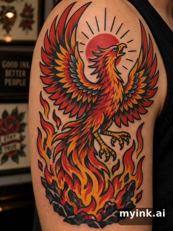 Phoenix rising from flames — Traditional Tattoo Design reference image