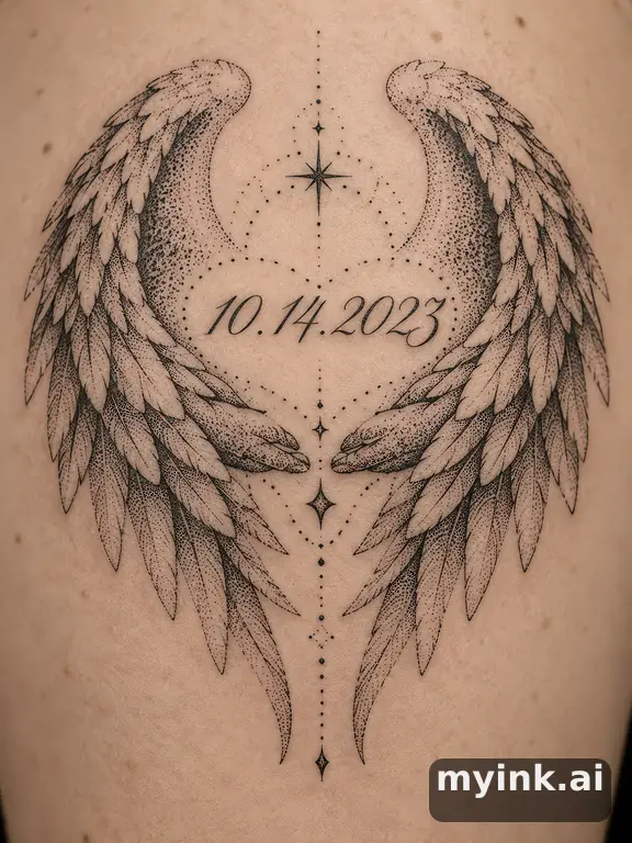 Angel wings cradling a date in elegant script — Dotwork Tattoo Design reference image