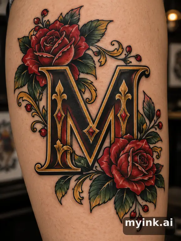 Single capital letter with ornate floral embellishments — Neotraditional Tattoo Design reference image