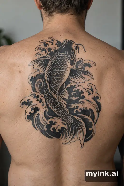 Koi fish swimming through waves β Blackwork Back Tattoo reference image