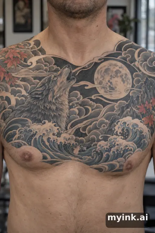 Wolf howling at the moon — Japanese Chest Tattoo reference image