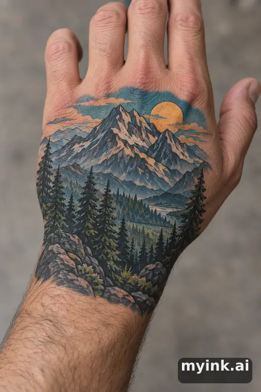 Mountain range with a pine forest — Neo-Traditional Hand Tattoo reference image