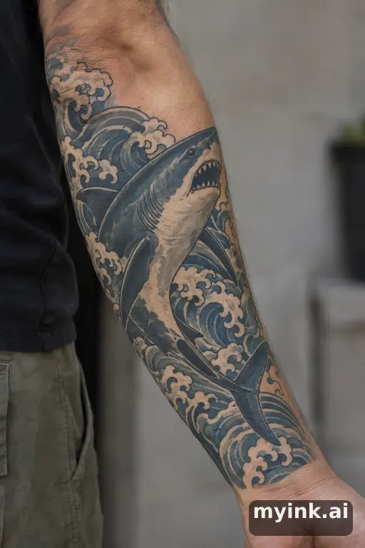 Great white shark — Japanese Forearm Tattoo reference image