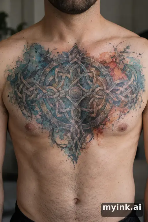 Celtic knot shield — Watercolor Chest Tattoo reference image