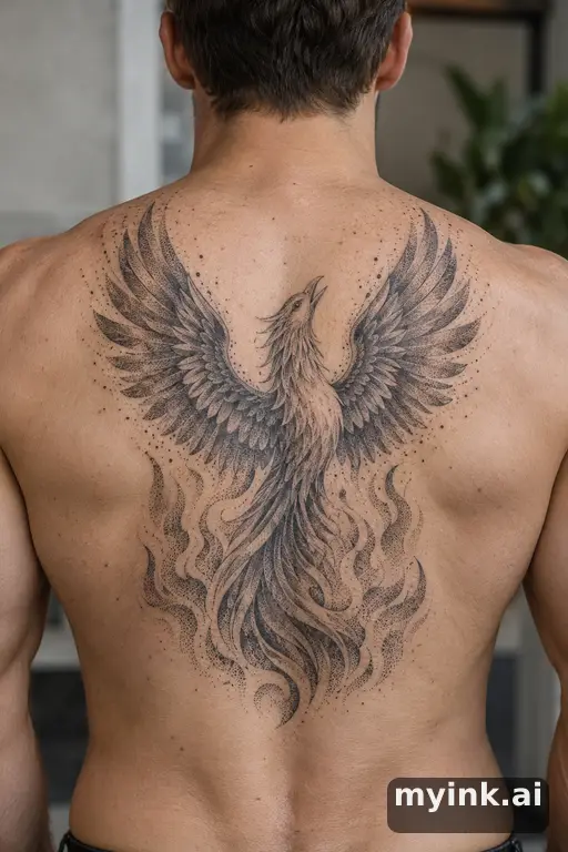 Phoenix rising from flames β Dotwork Back Tattoo reference image