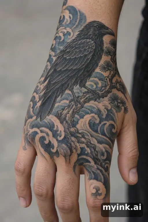 Raven perched on a branch — Japanese Hand Tattoo reference image