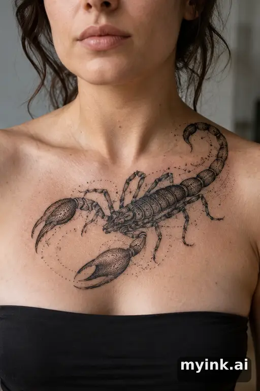 Scorpion with raised tail — Dotwork Chest Tattoo reference image